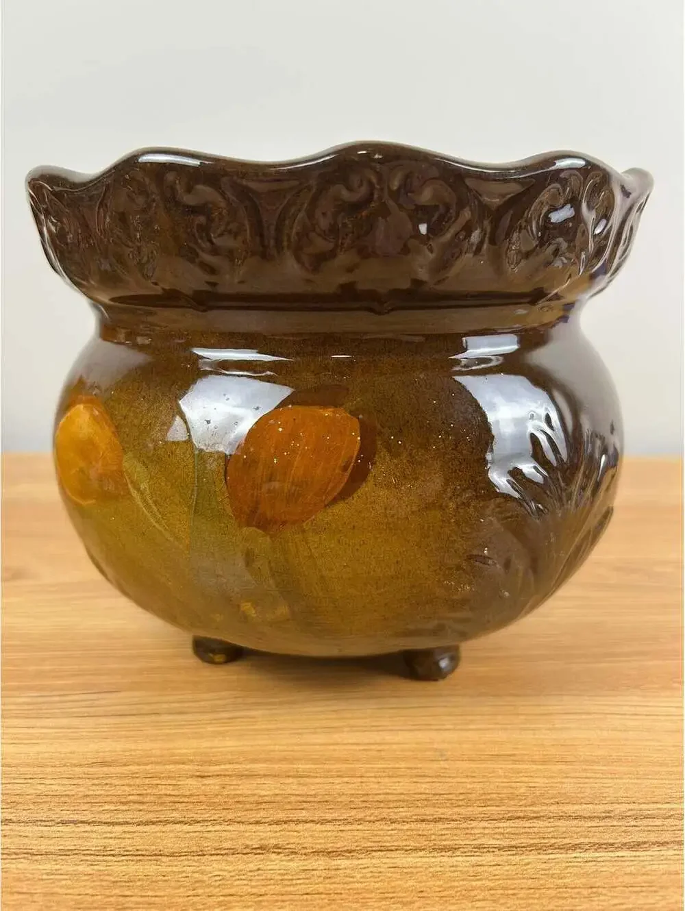 JB Owens 1900s Art Pottery Standard Glaze Four Footed Floral Jardiniere